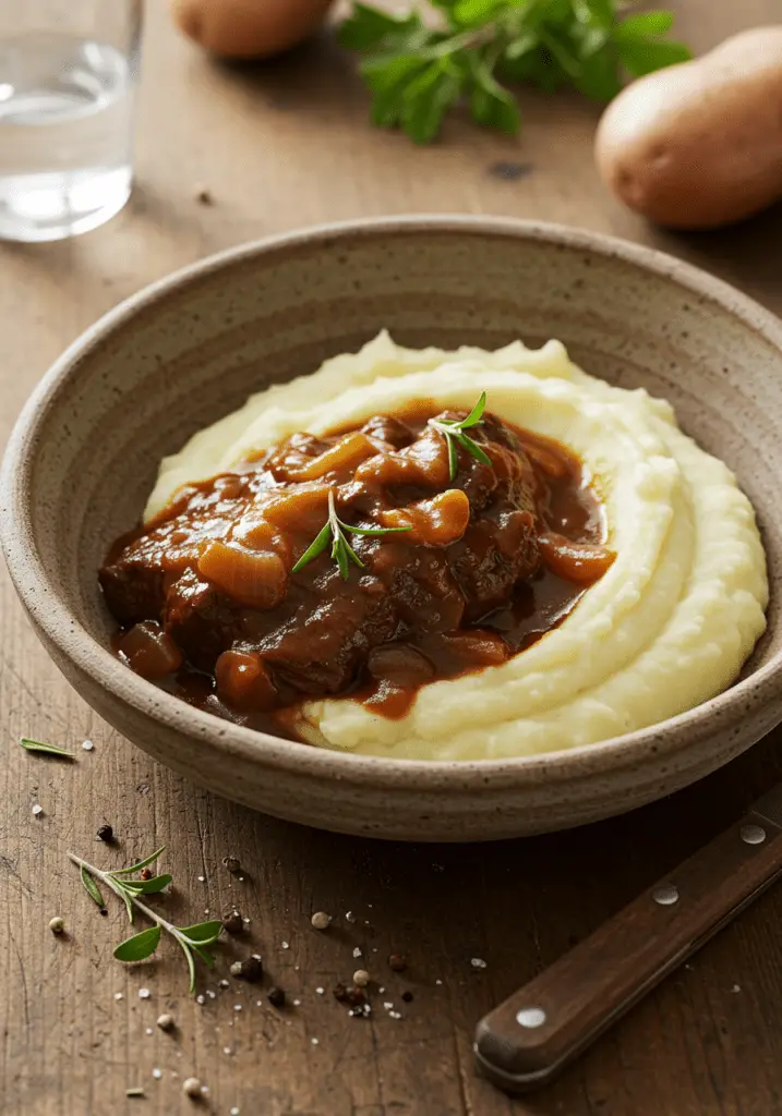 Bœuf braisé savoureux accompagné de purée maison crémeuse, nappé de sauce de braisage riche, pour un plat réconfortant et délicieux.