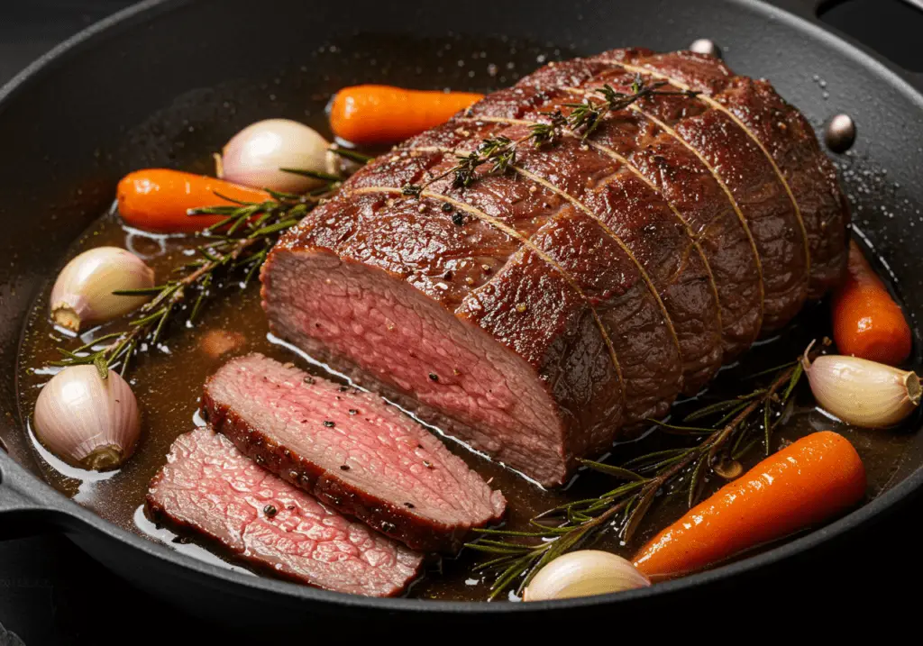 Préparation du bœuf braisé en saisissant un rôti de bœuf dans une poêle chaude pour créer une croûte dorée, puis en le mijotant lentement avec des aromates comme des oignons, de l'ail, des carottes et des herbes dans un bouillon riche.