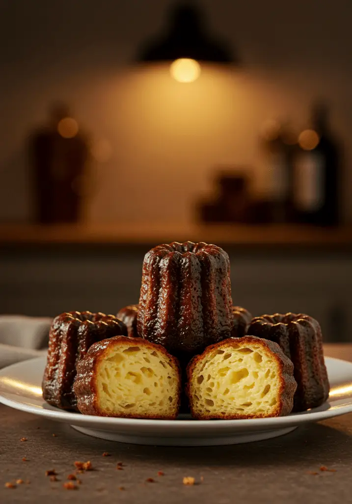 Canelés bordelais parfaitement dorés, au goût subtil de rhum et de vanille, offrant un contraste entre croquant et fondant.