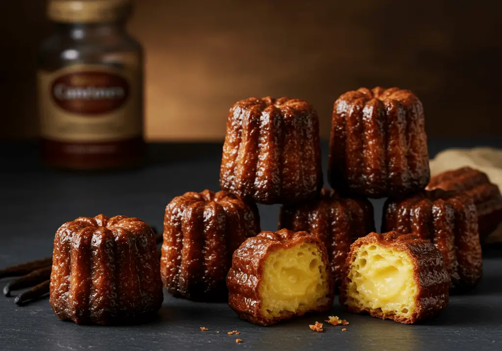 Canelés bordelais parfaitement dorés, au goût subtil de rhum et de vanille, offrant un contraste entre croquant et fondant.
