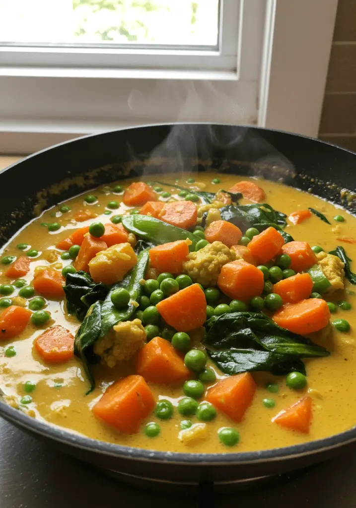 Curry de légumes épicé et réconfortant, avec des légumes tendres baignés dans une sauce au lait de coco crémeuse et pleine de saveurs.