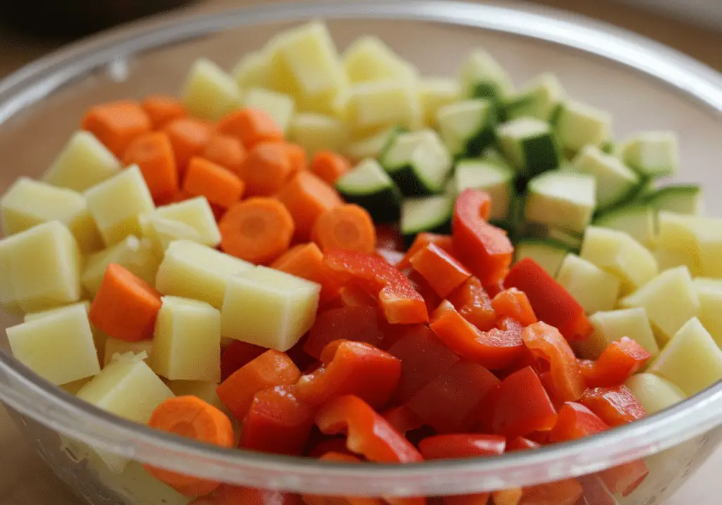 Préparation des légumes (carottes, pommes de terre, poivrons, courgettes) en les coupant en morceaux égaux, prêts pour la cuisson.