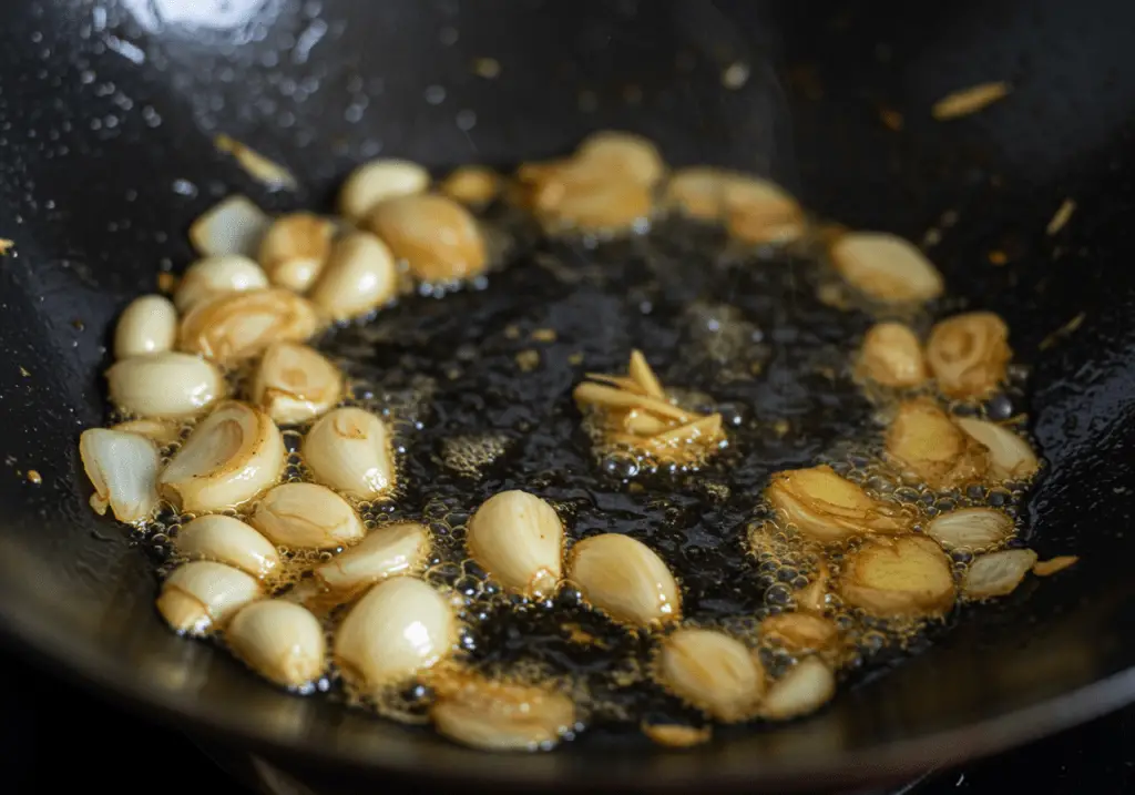 Sauté des oignons, de l'ail et du gingembre dans de l'huile chaude jusqu’à ce qu’ils dégagent un parfum délicieux, formant la base du curry.