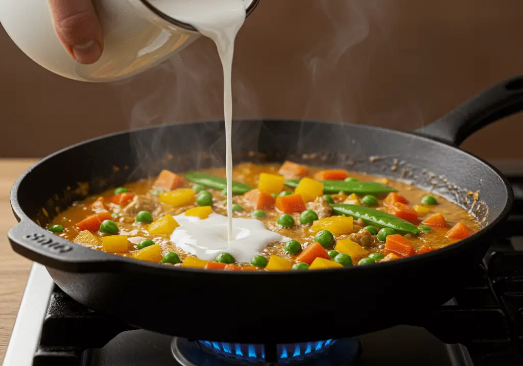 Ajout du lait de coco dans le curry et mijotage à feu doux jusqu'à ce que les légumes soient tendres et que les saveurs soient bien intégrées.