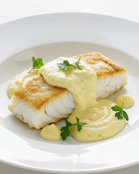 Dos de cabillaud tendre, nappé d’une sauce crémeuse au parmesan et citron, créant un plat raffiné et savoureux.