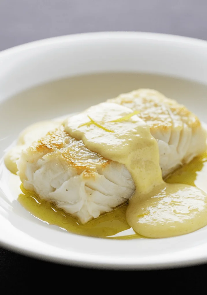 Dos de cabillaud tendre, nappé d’une sauce crémeuse au parmesan et citron, créant un plat raffiné et savoureux.
