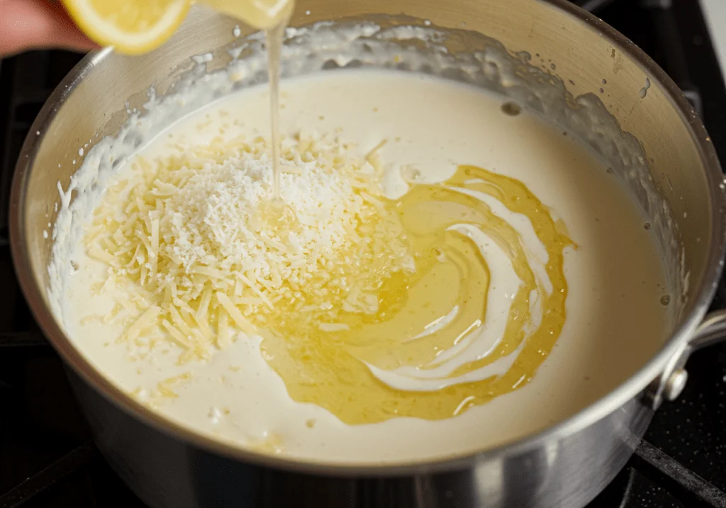 Préparation de la sauce crémeuse au parmesan en chauffant de la crème épaisse, puis en ajoutant du parmesan râpé et du jus de citron pour une touche de fraîcheur.