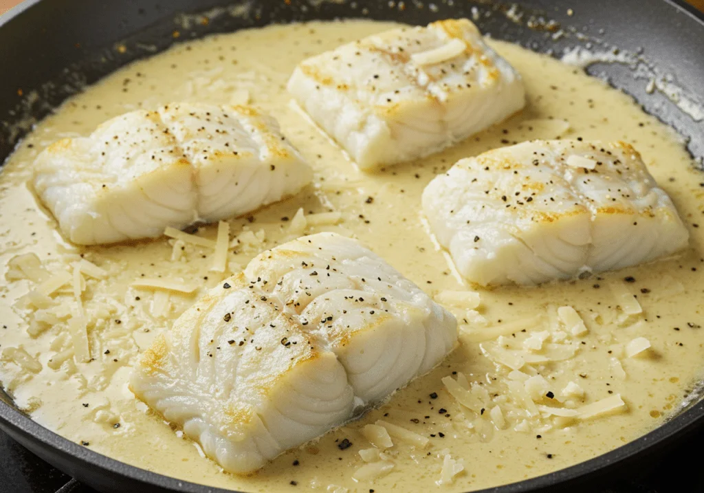 Ajout du cabillaud cuit dans la sauce crémeuse au parmesan, permettant au poisson d’absorber les saveurs riches et onctueuses.