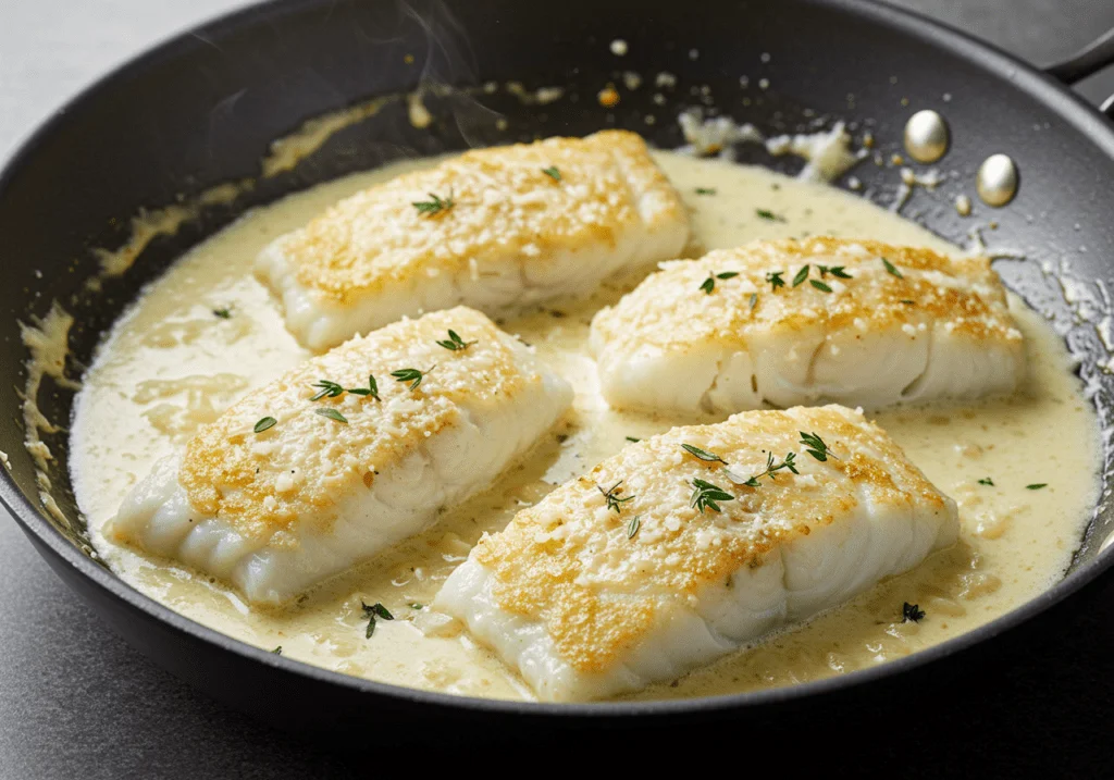 Mijotage du dos de cabillaud dans la sauce au parmesan pour permettre aux saveurs de se mélanger et à la sauce de napper parfaitement le poisson.