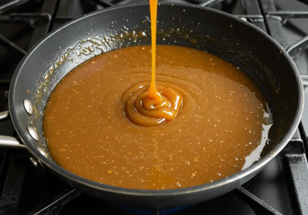 Préparation du caramel en faisant fondre du sucre jusqu’à ce qu’il devienne doré, puis ajout de beurre pour obtenir une sauce caramel lisse et onctueuse