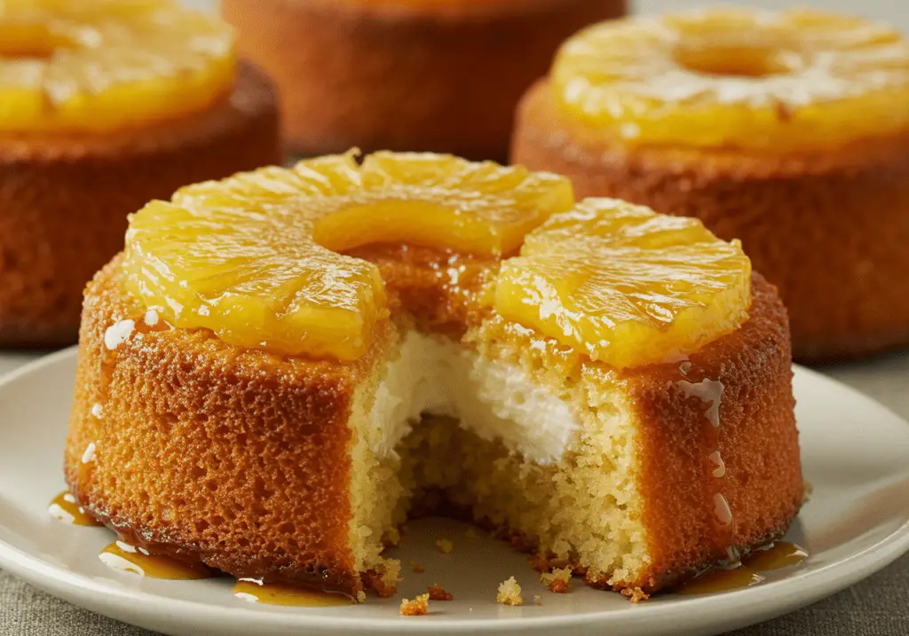Petits moelleux renversés à l’ananas et au mascarpone, dorés avec une garniture de caramel et d’ananas, offrant une texture moelleuse et un goût sucré et crémeux.