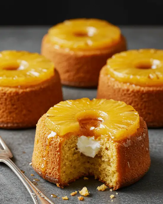 Petits moelleux renversés à l’ananas et au mascarpone, dorés avec une garniture de caramel et d’ananas, offrant une texture moelleuse et un goût sucré et crémeux.