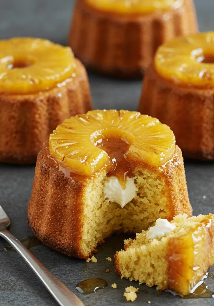 Petits moelleux renversés à l’ananas et au mascarpone, dorés avec une garniture de caramel et d’ananas, offrant une texture moelleuse et un goût sucré et crémeux.