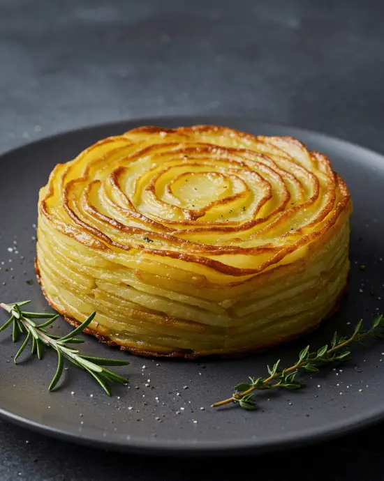 Pommes Anna parfaitement dorées, croustillantes à l’extérieur et fondantes à l’intérieur, servies en parts pour un accompagnement raffiné.