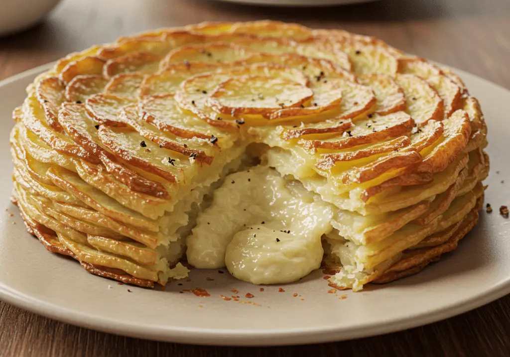 Pommes Anna parfaitement dorées, croustillantes à l’extérieur et fondantes à l’intérieur, servies en parts pour un accompagnement raffiné.
