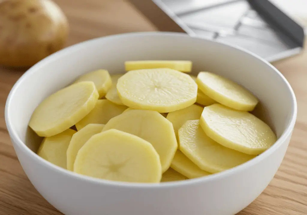 Épluchage et éminçage des pommes de terre en fines rondelles régulières pour une cuisson homogène et un fondant parfait.