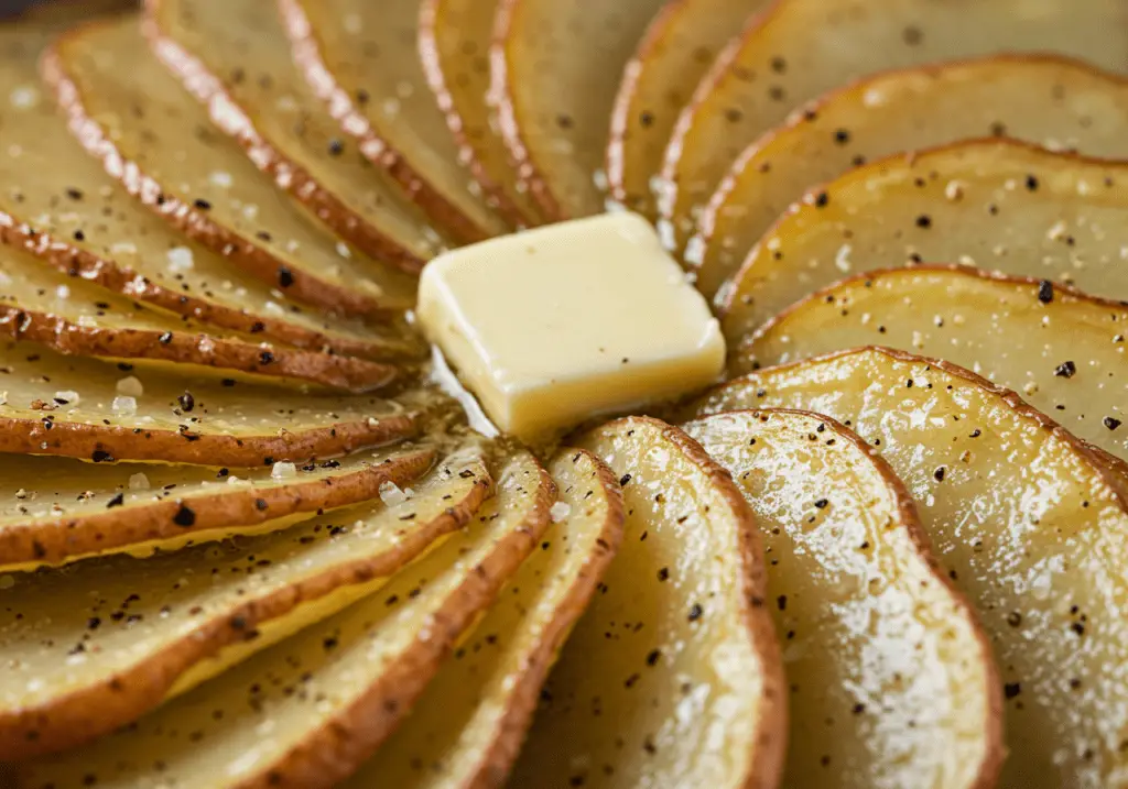 Disposition soigneuse des rondelles de pommes de terre en couches superposées, avec du beurre fondu et une pincée de sel et de poivre entre chaque couche.