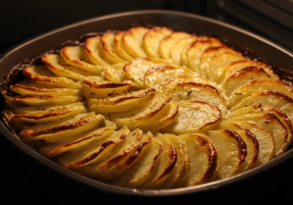 Cuisson des Pommes Anna au four jusqu’à ce qu’elles deviennent fondantes à l’intérieur et croustillantes sur le dessus.