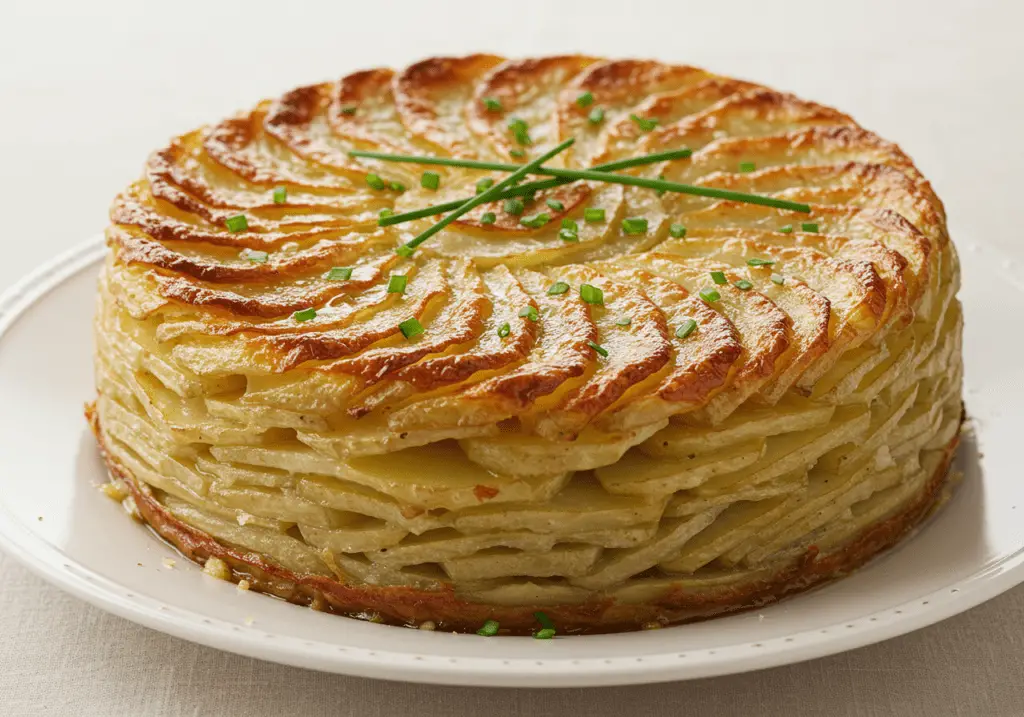 Démoulage délicat des Pommes Anna, dévoilant une croûte dorée et croustillante, prête à être dégustée.