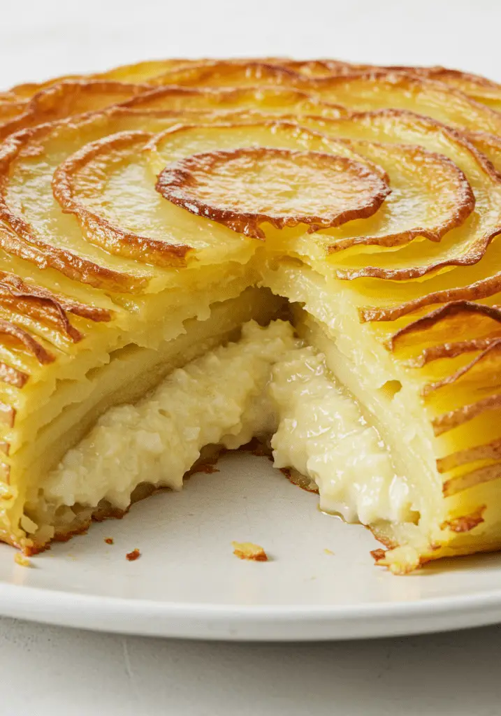 Pommes Anna parfaitement dorées, croustillantes à l’extérieur et fondantes à l’intérieur, servies en parts pour un accompagnement raffiné.