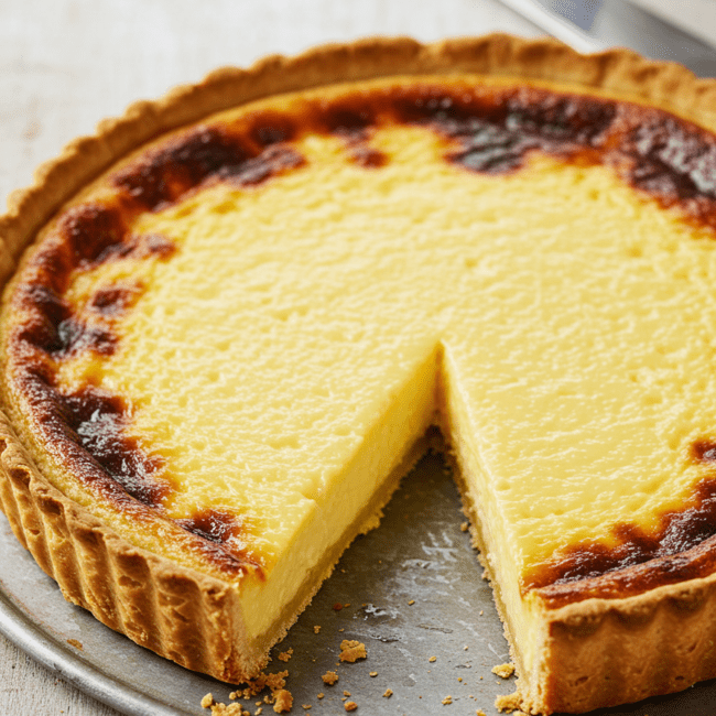 "Tarte au flan dorée, avec une garniture crémeuse et une croûte délicate et beurrée, prête à être servie comme dessert maison.