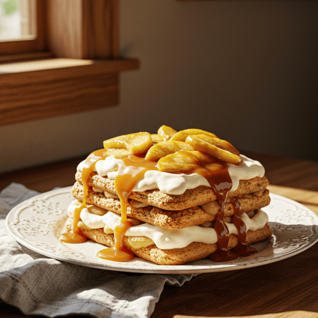 Le tiramisu final est luxueux, avec des couches de biscuits à la cuillère trempés dans le caramel, une crème mascarpone onctueuse et des pommes poêlées sucrées, offrant un parfait équilibre de textures et de saveurs.