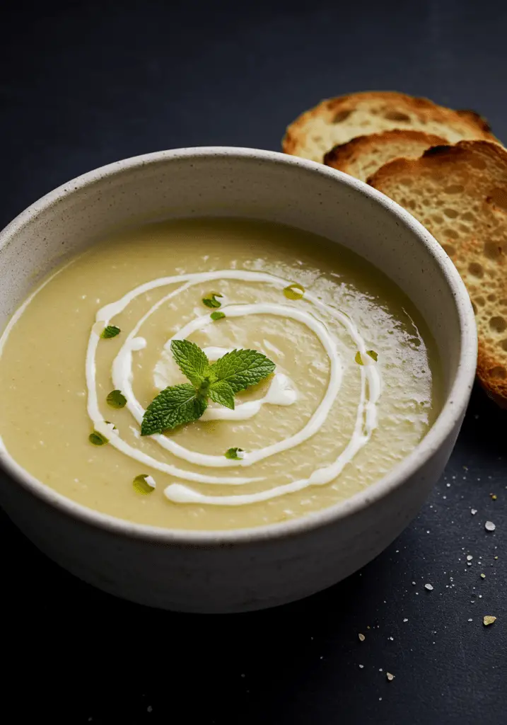 Présentation du velouté de courgettes avec un coulis de crème et quelques feuilles de menthe, accompagné de pain grillé pour une dégustation savoureuse.