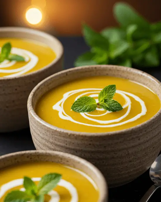 Présentation du velouté de courgettes avec un coulis de crème et quelques feuilles de menthe, accompagné de pain grillé pour une dégustation savoureuse.
