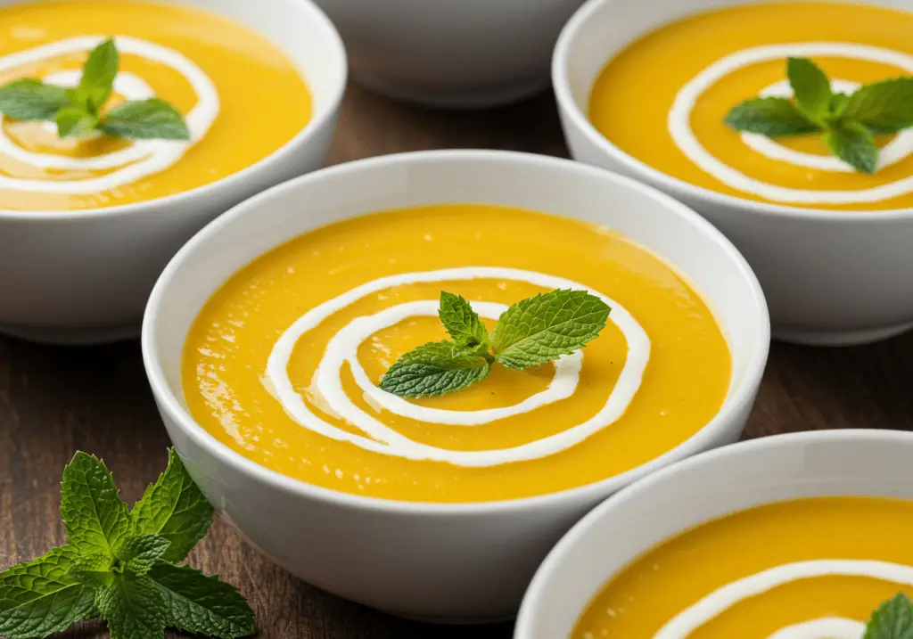 Présentation du velouté de courgettes avec un coulis de crème et quelques feuilles de menthe, accompagné de pain grillé pour une dégustation savoureuse.