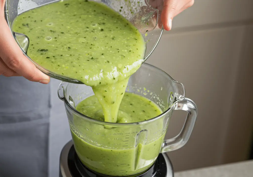 Mixage du velouté de courgettes jusqu’à obtention d’une texture onctueuse et lisse, révélant une belle teinte verte naturelle.