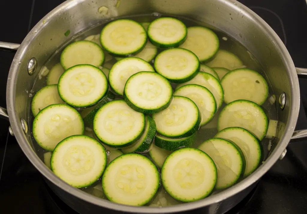 Cuisson des rondelles de courgettes dans un bouillon parfumé jusqu’à ce qu’elles deviennent fondantes et prêtes à être mixées en velouté