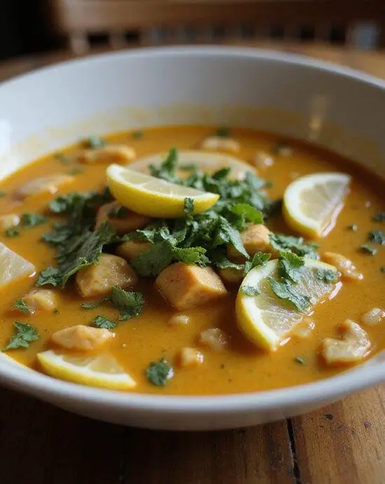 Soupe Adasi aux lentilles garnie d'herbes et de citron, prête à être dégustée.
