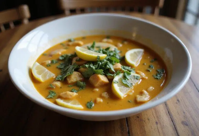 Soupe Adasi aux lentilles garnie d'herbes et de citron, prête à être dégustée.