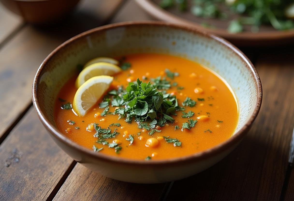 Soupe Adasi aux lentilles garnie d'herbes et de citron, prête à être dégustée.