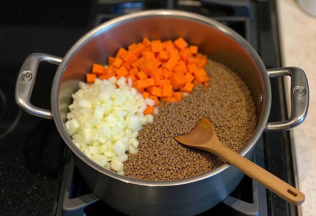 Préparation des lentilles et légumes pour la soupe persane Adasi.