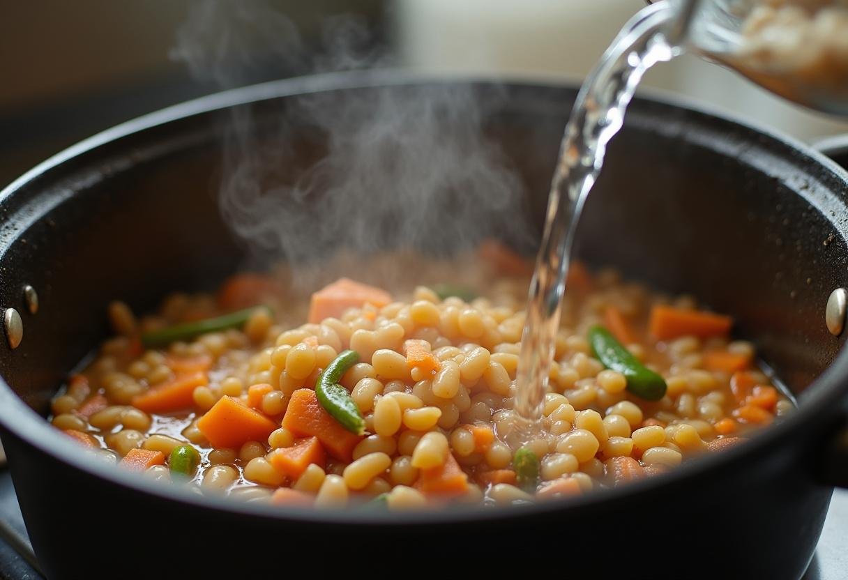 Ajout d'eau aux lentilles et légumes dans la préparation de la soupe Adasi.