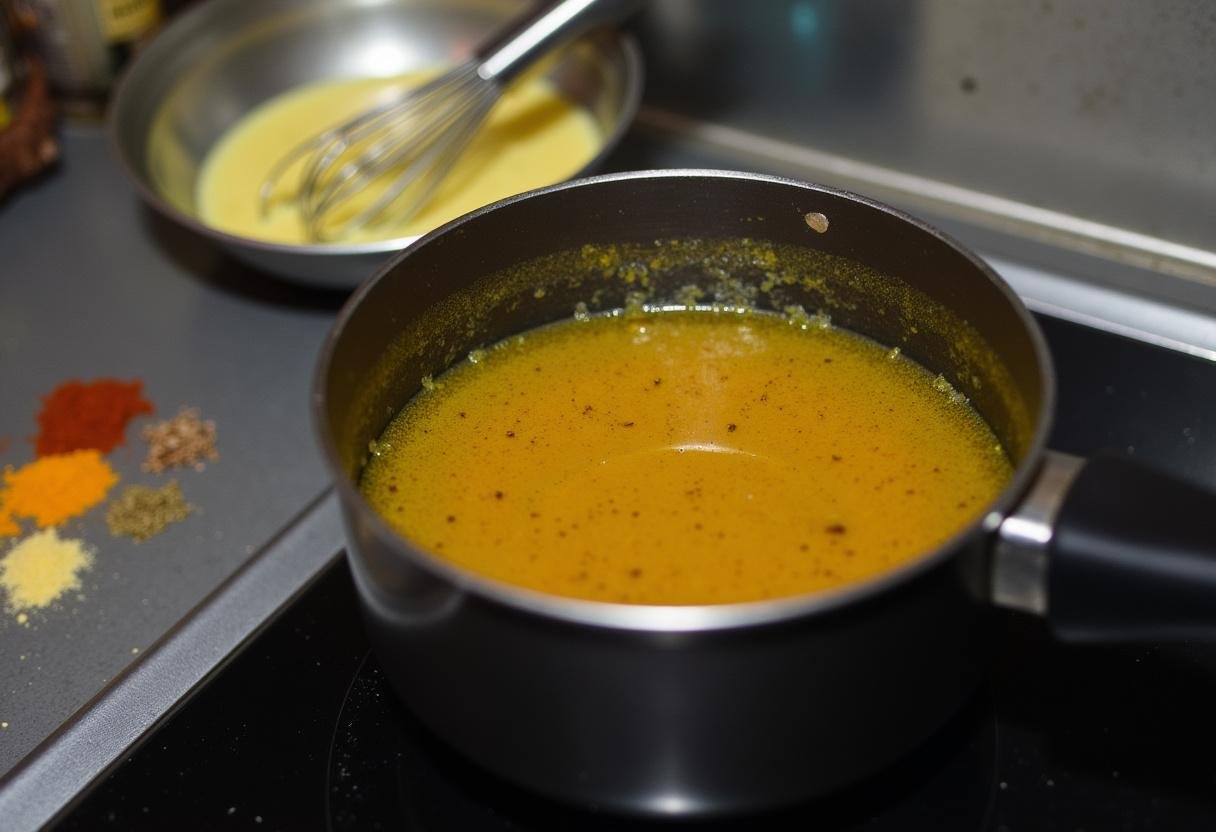 Épices ajoutées au mélange de lentilles pour la soupe persane Adasi en train de mijoter.