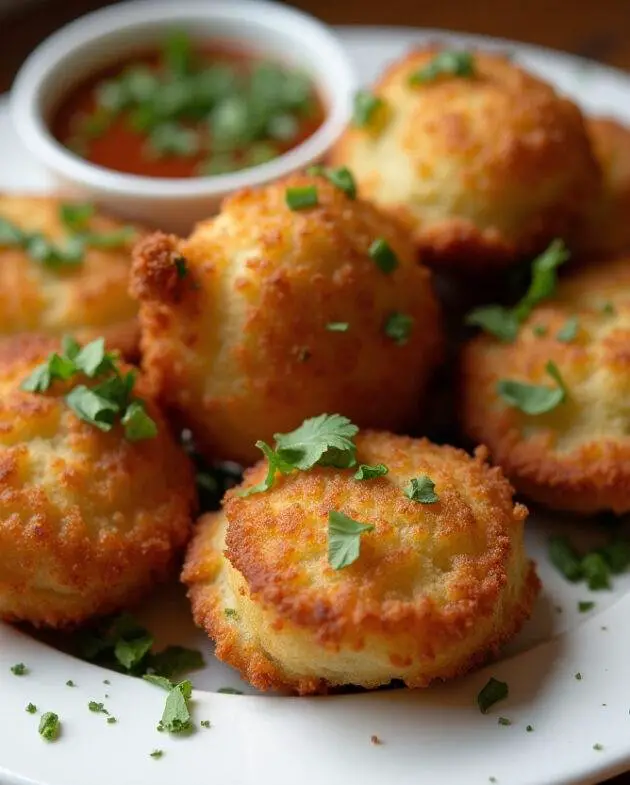 Golden-brown crispy beignets de courgette croustillants served with a dipping sauce.