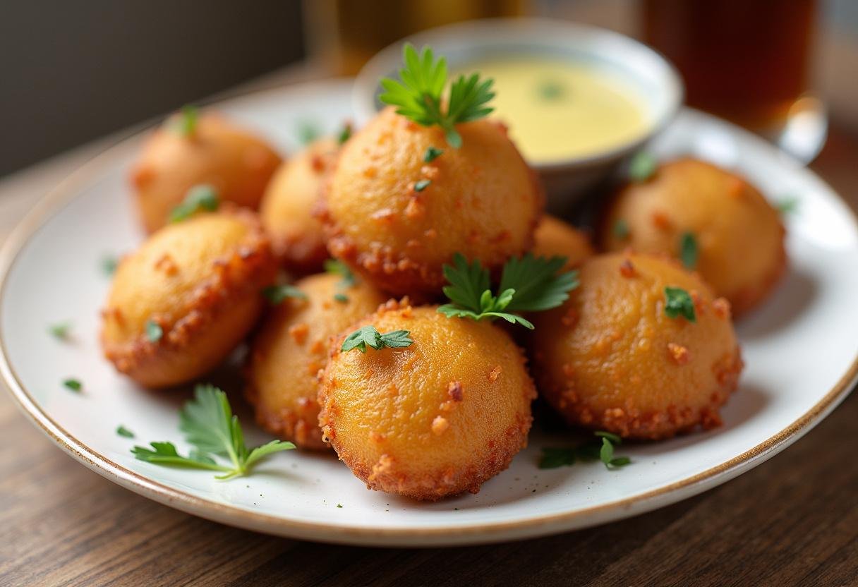 Golden-brown crispy beignets de courgette croustillants served with a dipping sauce.