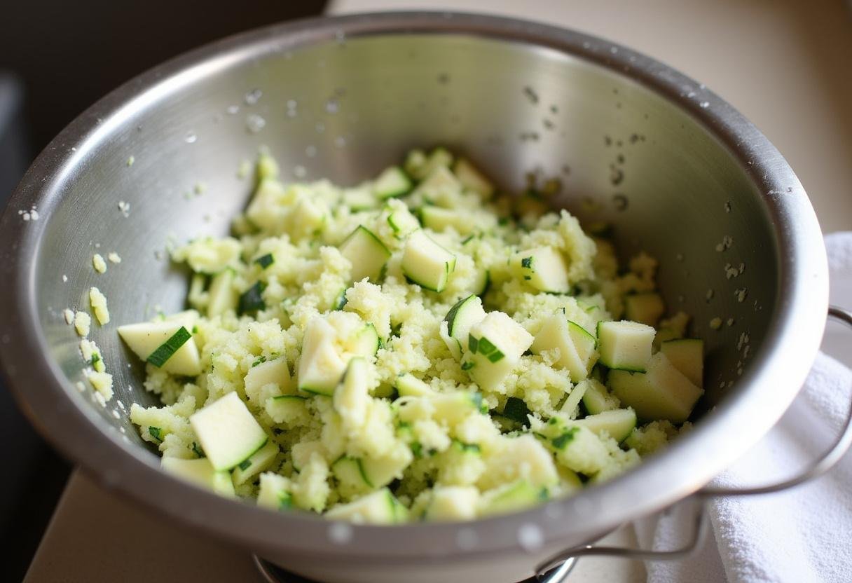 Grated zucchini draining in a colander for crispy zucchini beignets.