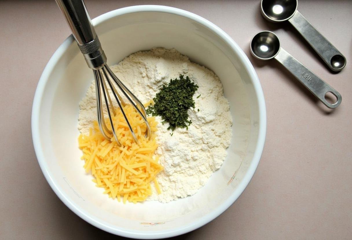 Mixing bowl with flour and cheese for making beignets de courgette croustillants.