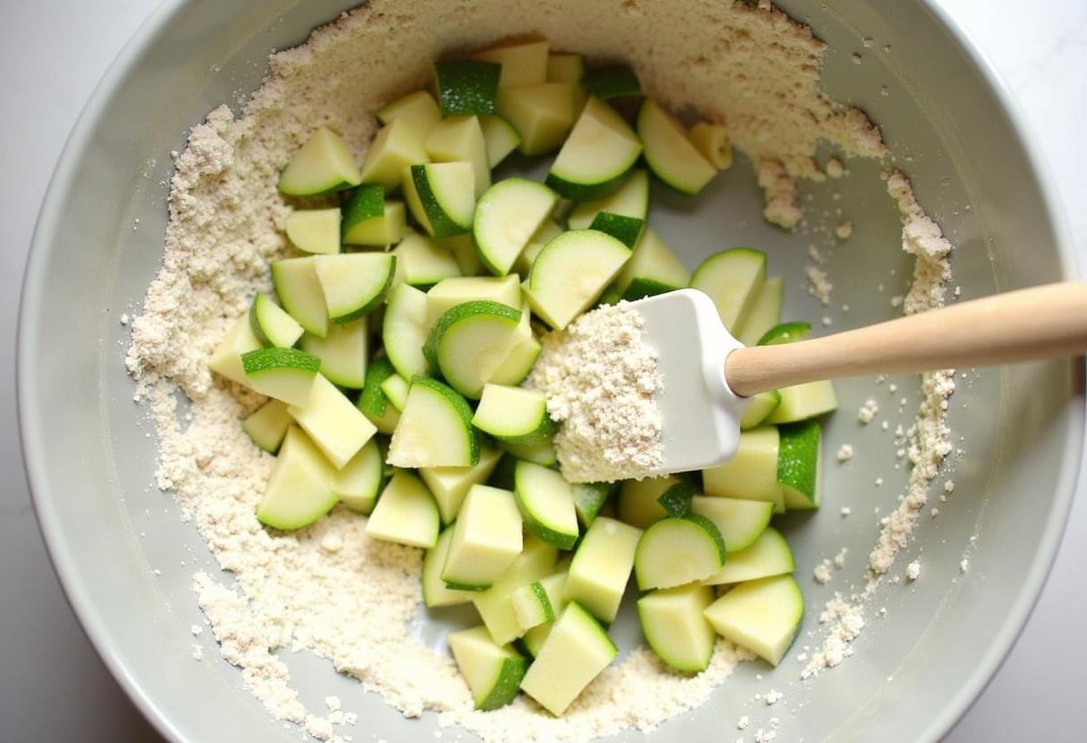 Combining drained zucchini with flour mixture for crispy zucchini fritters.