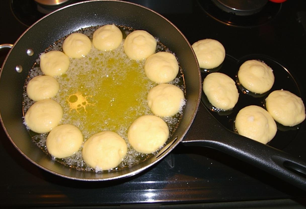 Skillet with hot oil for frying zucchini beignets on the stove.