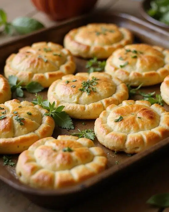 Biscuits spanakopita aux épinards et feta, dorés et garnis, prêts à être dégustés.