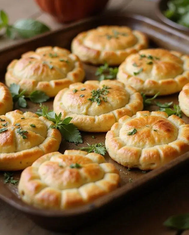 Biscuits spanakopita aux épinards et feta, dorés et garnis, prêts à être dégustés.
