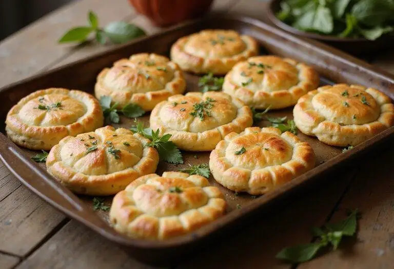 Biscuits spanakopita aux épinards et feta, dorés et garnis, prêts à être dégustés.