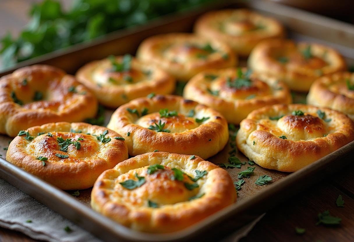 Biscuits spanakopita aux épinards et feta, dorés et garnis, prêts à être dégustés.