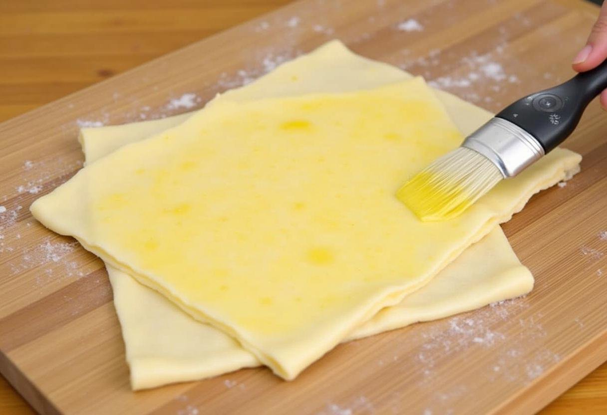 Pâte phyllo badigeonnée de beurre fondu pour biscuits spanakopita aux épinards et feta.