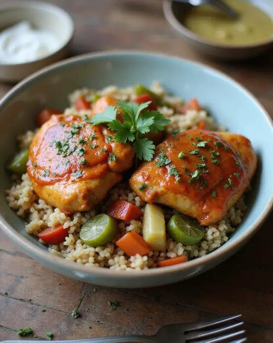 Bols de Poulet au Miel et Harissa finis, servis avec du riz et des légumes, parfaits pour un repas savoureux.