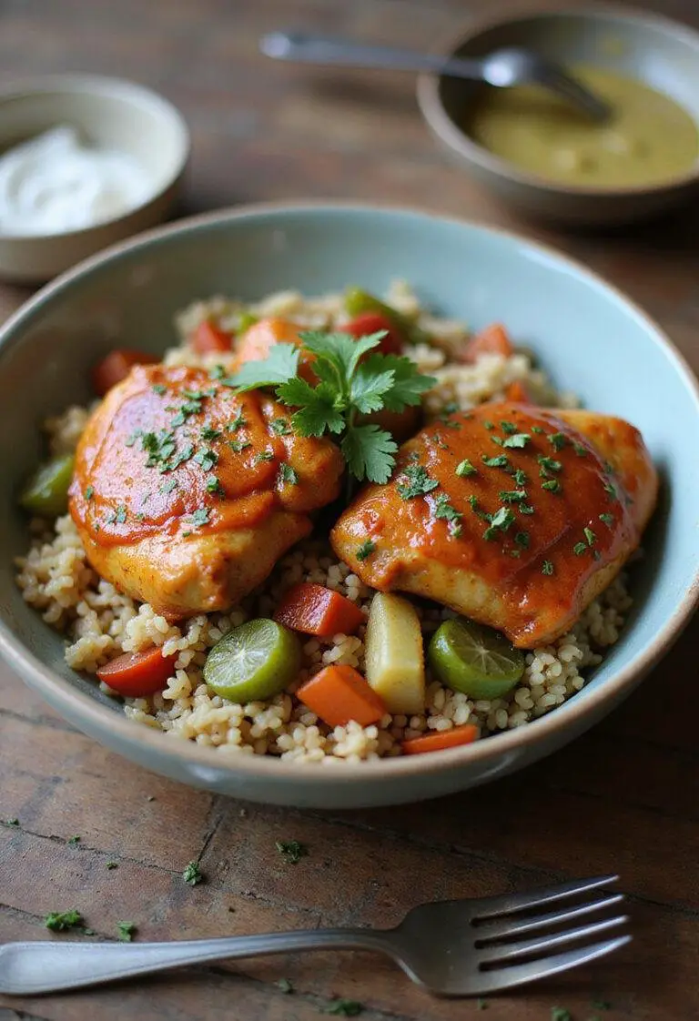 Bols de Poulet au Miel et Harissa finis, servis avec du riz et des légumes, parfaits pour un repas savoureux.
